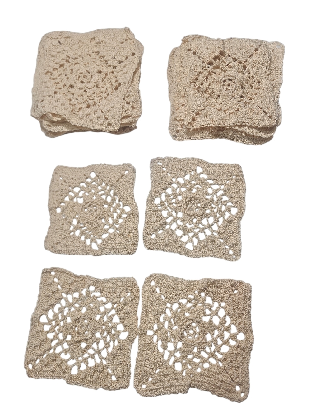 Vintage Hand Crocheted Willow Granny Squares Cream Set of 27.